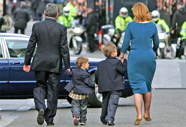 Gordon Brown leaving Downing Street and the 'second most important job I could ever hold', on Tuesday, head held high, and hand in hand with his sons, Fraser, three, and John, six, and wife, Sarah