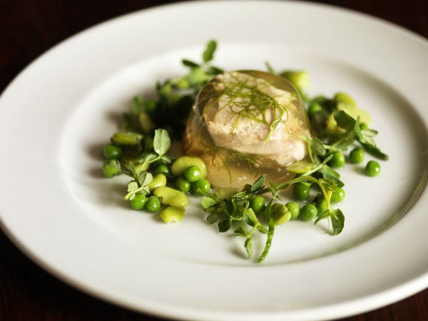 Sea trout and cider jelly with summer vegetable salad can be served as a cold buffet dish or a summery starter