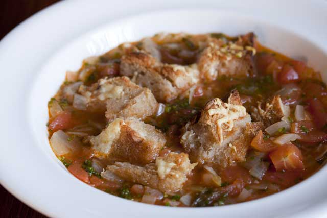 Tomato and savoury soup with Parmesan-baked sourdough