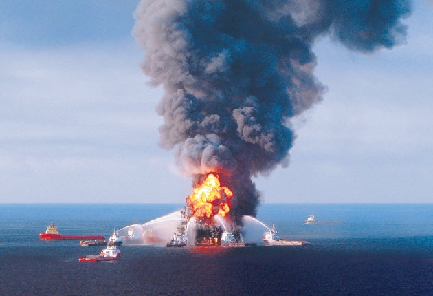 Fire boat response crews fight the blaze on the remnants of Deepwater
Horizon