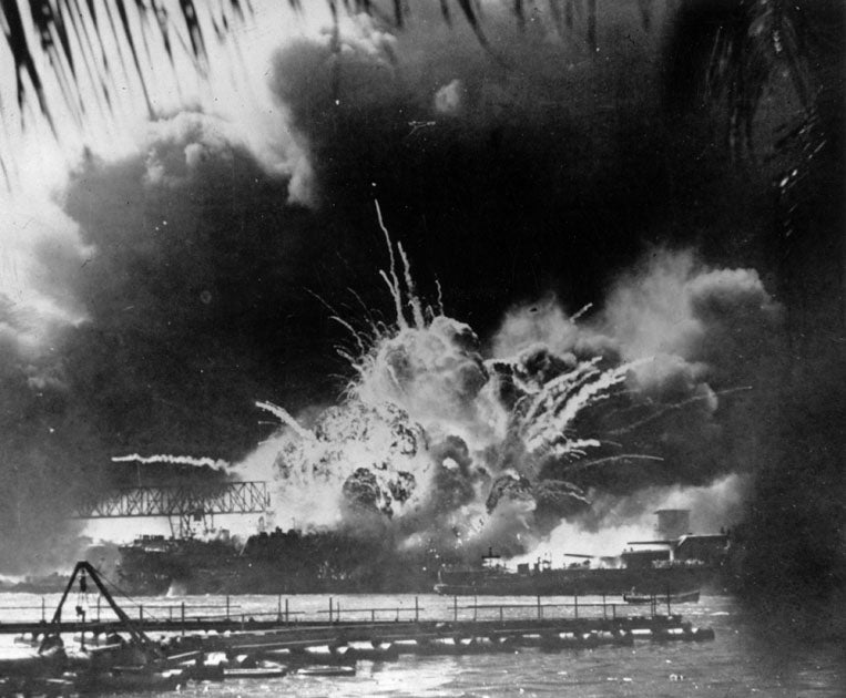 The USS Shaw exploding during the Japanese attack on 7 December 1941