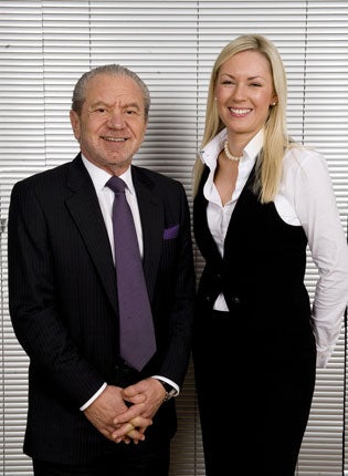 Stella English with Lord Sugar after becoming the Apprentice winner in 2010