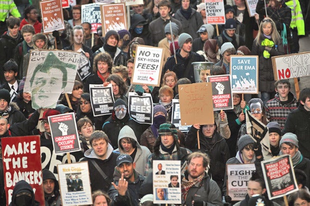 Students in Birmingham demonstrating against the introduction of higher tuition fees in 2010