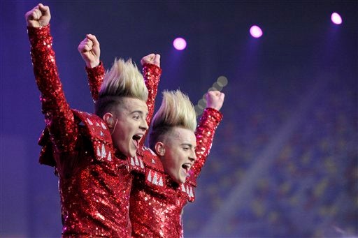 Jedward perform 'Lipstick' in 2011 in Ireland wearing matching red crystal-embellished jackets