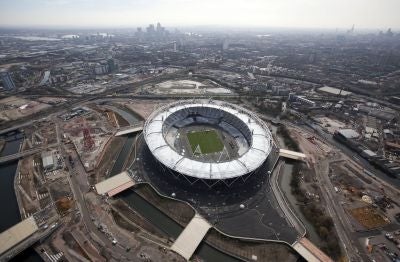 An aerial view of the Olympic Stadium’s field of play in London