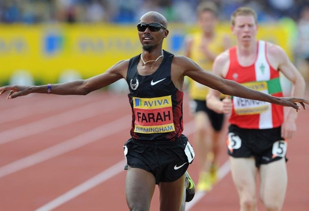 Farah celebrates winning the mens 5,000 metres at the Aviva UK Trials and Championships in June