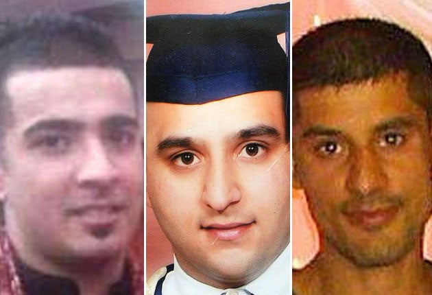 Left to right: Haroon Jahan, Shazad Ali and Abdul Musavir who died when they were mowed down by a car