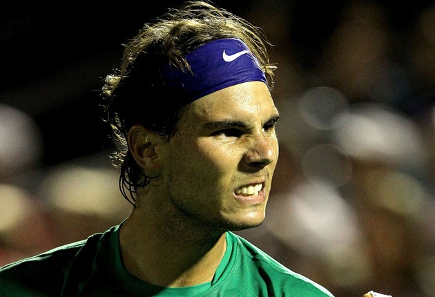 Nadal celebrates a point against Ivan Dodig during the Rogers Cup in Montreal