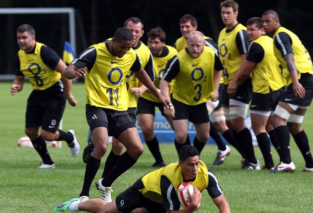 England centre Shontayne Hape rehearses try-scoring in practice yesterday