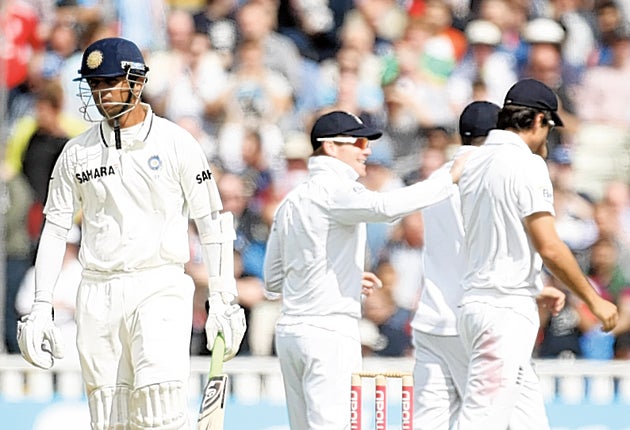 Rahul Dravid trudges off after his dismissal by James Anderson at Edgbaston