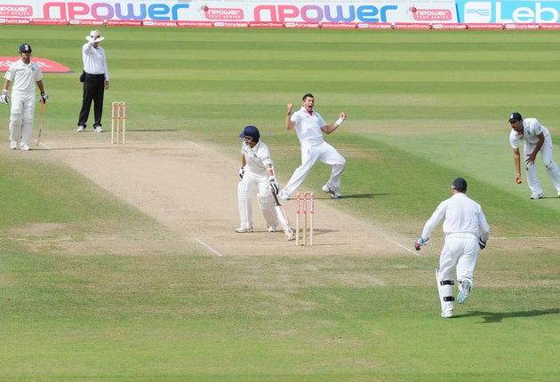 Sachin Tendulkar turns to see the dreaded finger has been raised – much to Tim Bresnan's delight