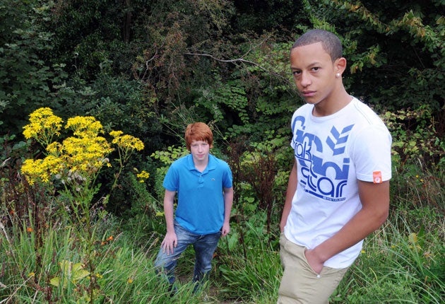 Jordan Ellis (right) and Joe Shutt on the site of Joe's accident in Blackwood