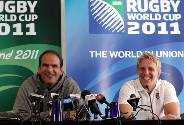 England captain Lewis Moody (right, with Martin Johnson) is all smiles with the press at the weekend but he knows his side have a tough pool to negotiate