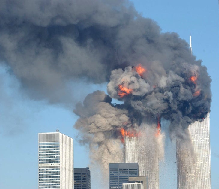 A fiery blast rocks the World Trade Center after being hit by two planes September 11, 2001 in New York City.