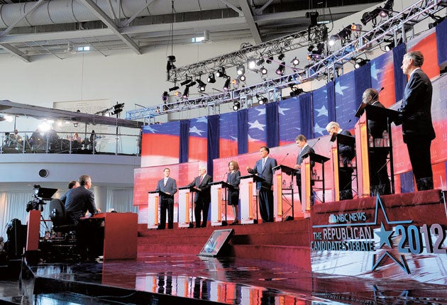 Republican candidates (l-r) Rick Santorum, Newt Gingrich, Michele Bachman, Mitt Romney, Rick Perry, Ron Paul, Herman Cain and Jon Huntsman line up for the Presidential primary debate