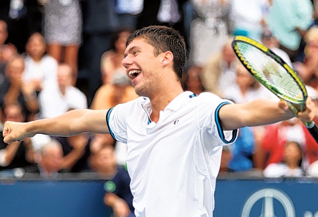 Oliver Golding celebrates his victory over the Czech Republic's Jiri Vesely