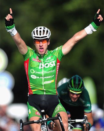 Winning feeling: Gediminas Bagdonas crosses the line at Sandringham