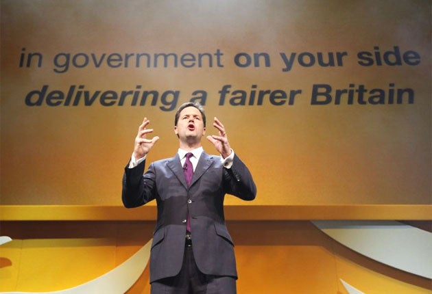 Nick Clegg at his conference in Birmingham yesterday