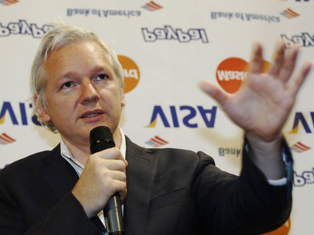 Julian Assange speaks during a news conference at the Frontline Club in London today. PA