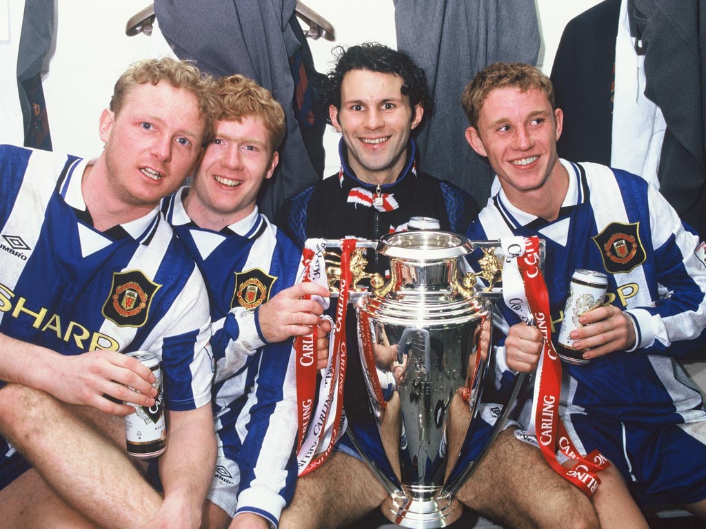 David May, Paul Scholes, Ryan Giggs and Nicky Butt after winning the title in 1996