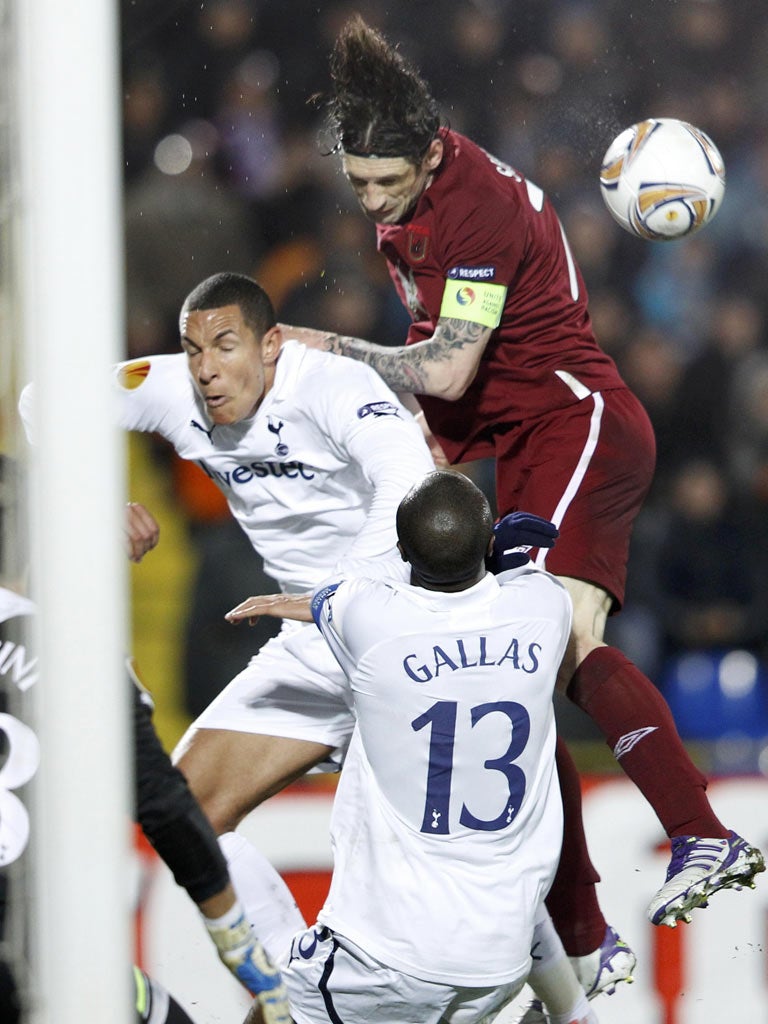 Rubin Kazan’s Roman Sharonov wins a header against Spurs