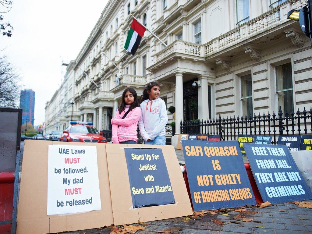 Maaria (left) and Sara Qurashi stage their protest outside the UAE embassy