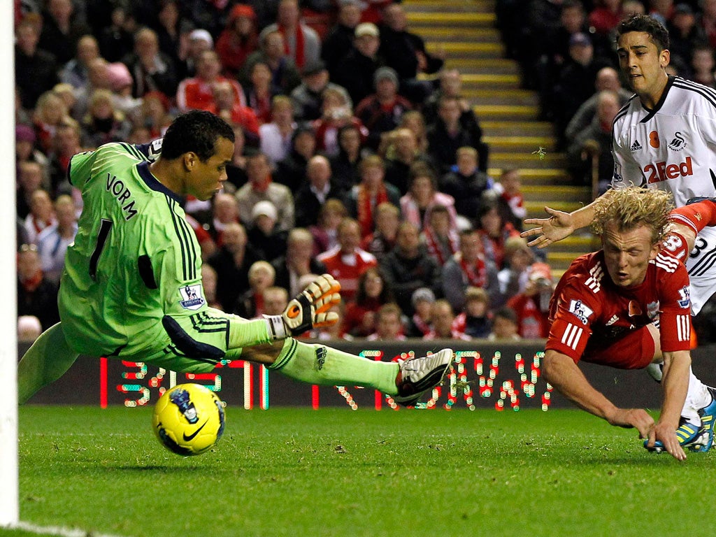 False hope: Liverpool's Dirk Kuyt dives to beat the Swansea goalkeeper Michel Vorm at Anfield yesterday but the referee correctly ruled out the goal for offside