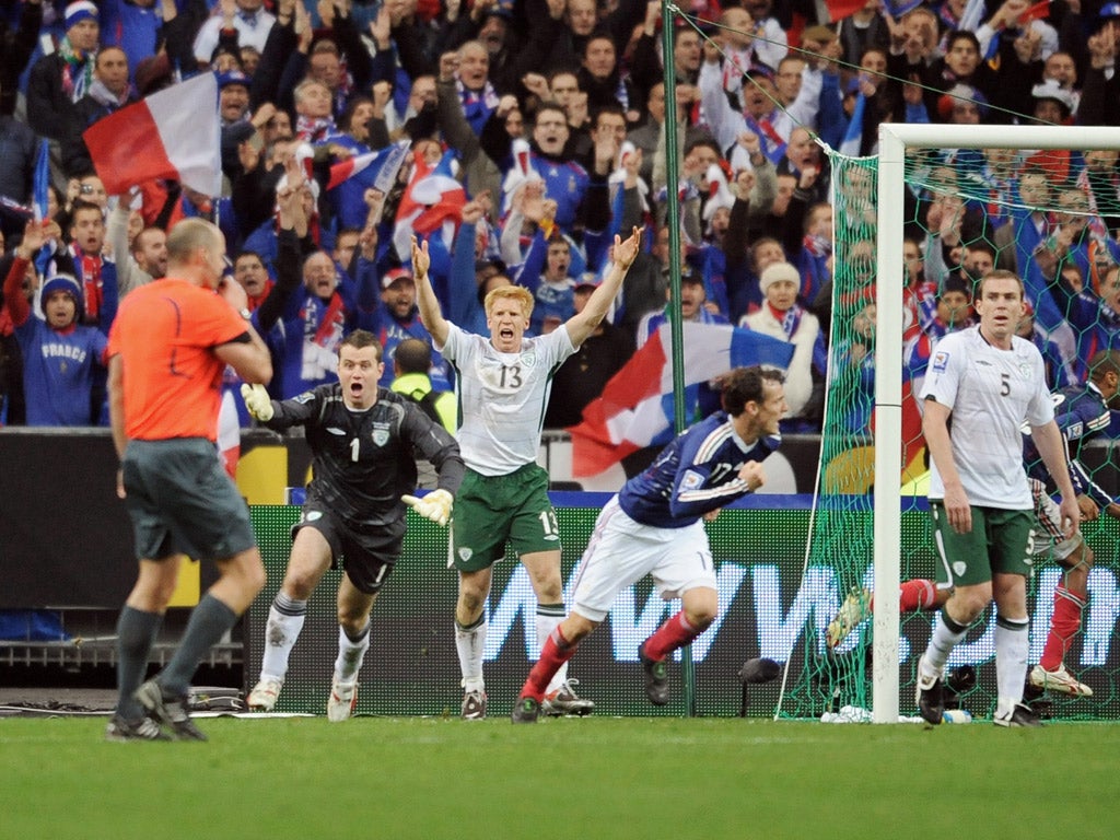 Ireland's players appeal in vain to the referee after Thierry Henry's infamous handball in 2009