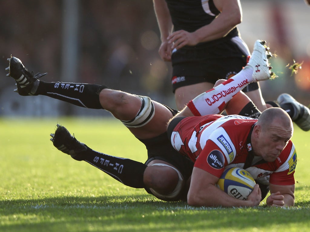 Mike Tindall can now seek solace in the red and white of Gloucester
after his troubles with England