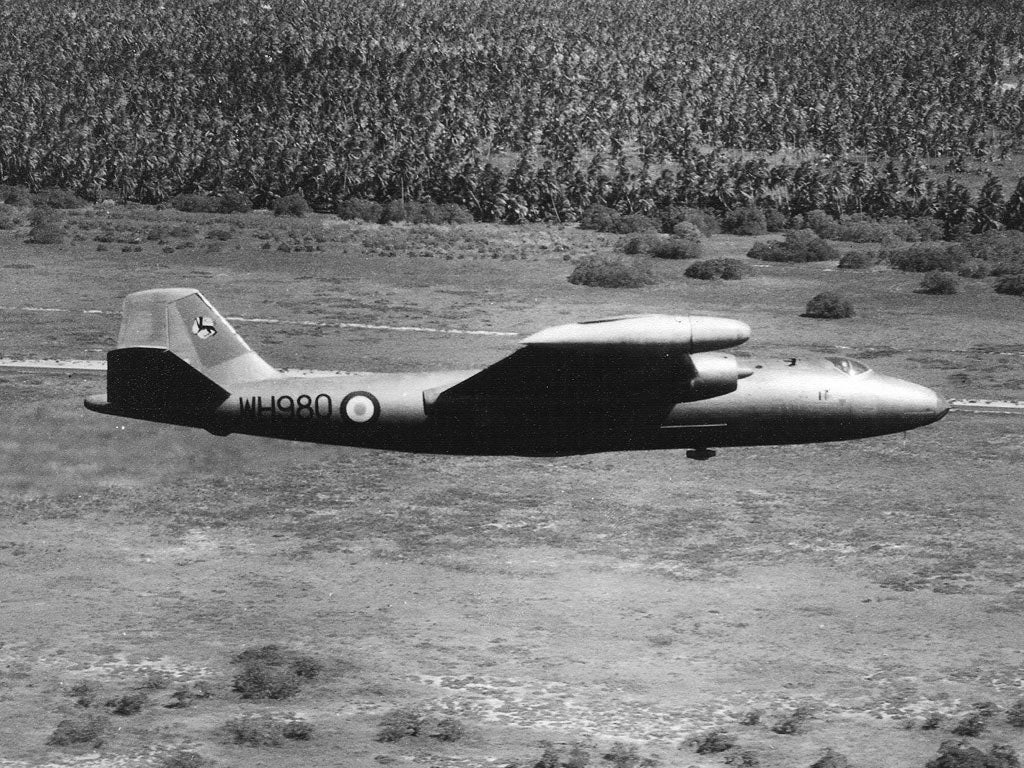 A Canberra bomber flying over Christmas Island