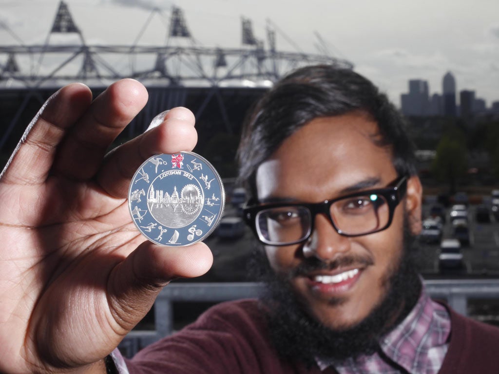 Saiman Miah, an architectural student from Birmingham and the coin that features his winning design for the official London 2012 Olympic £5 coin