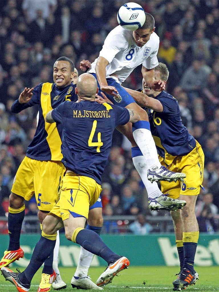 Jack Rodwell wins a header during his impressive display last night