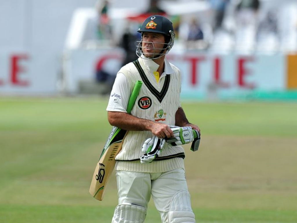 Ricky Ponting heads back to the pavilion following another low score during the first Test against South Africa