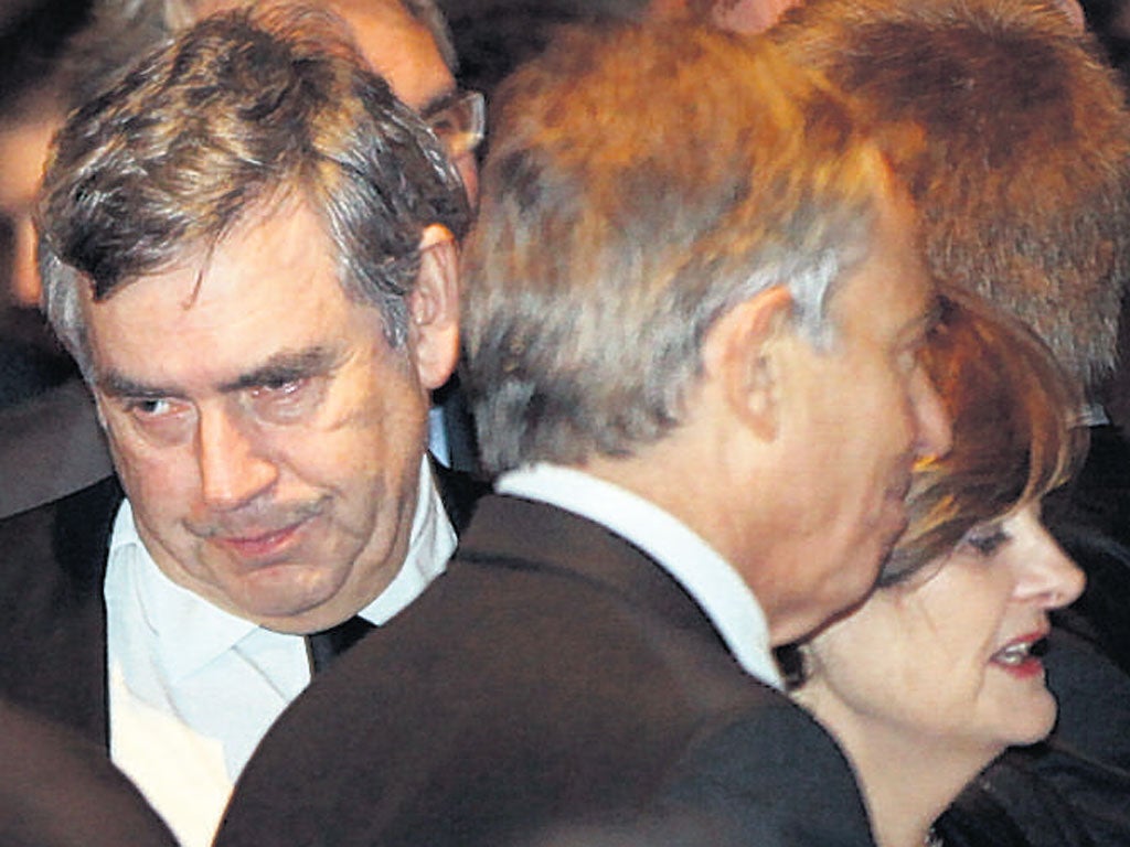 Gordon Brown, Tony Blair and Cherie at the funeral of Philip Gould.