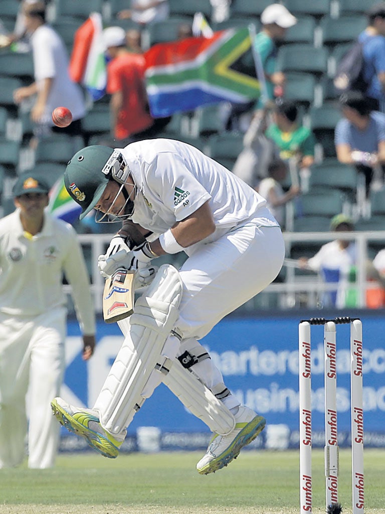 Ashwell Prince takes evasive action from a Peter Siddle bouncer