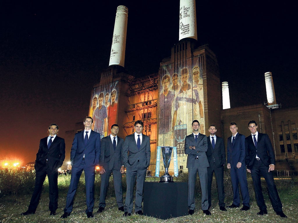 From left: David Ferrer, Andy Murray, Jo-Wilfried Tsonga, Roger Federer, Novak Djokovic, Mardy Fish, Tomas Berdych and Rafael Nadal at the launch of the Barclays World Tour Finals at Battersea Power Station in London last night