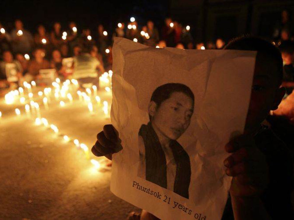 A vigil was held last month at a Tibetan refugee centre in Lalitpur, India, for Lobsang Phuntsok, a 21-year-old Tibetan monk who set himself alight in protest against Chinese repression