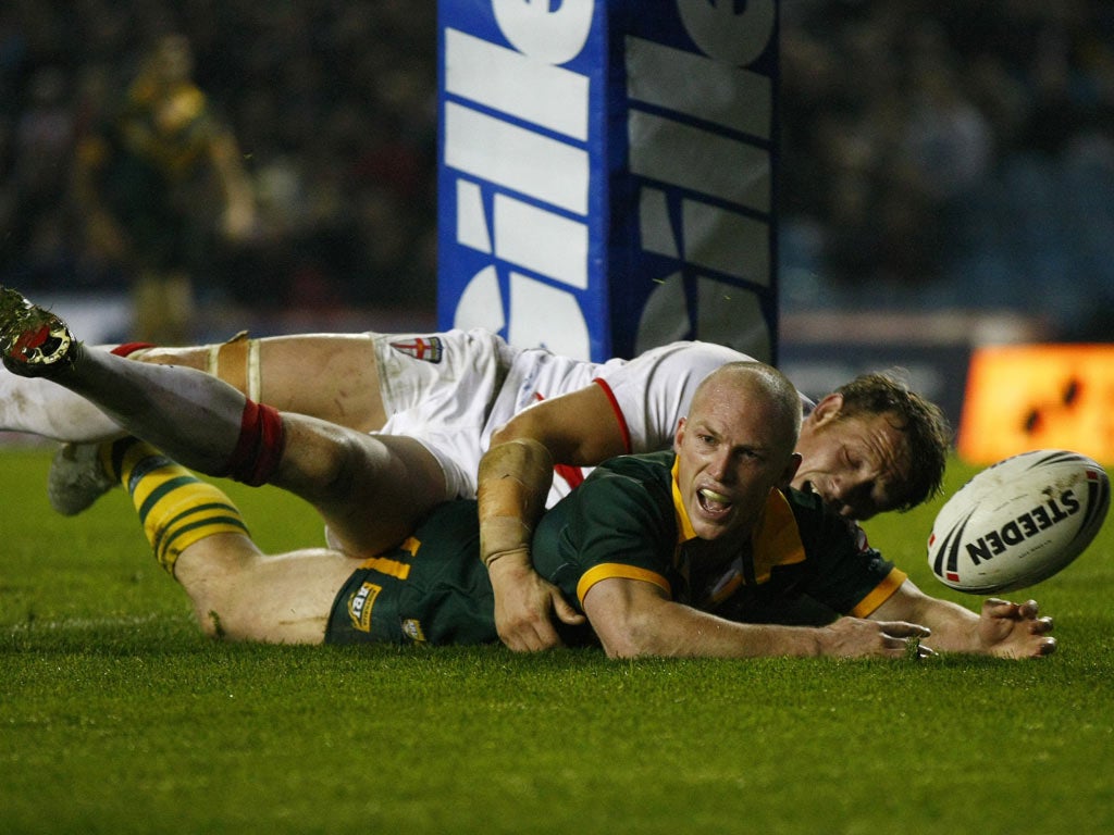 Darren Lockyer scores Australia’s last try in Saturday’s victory