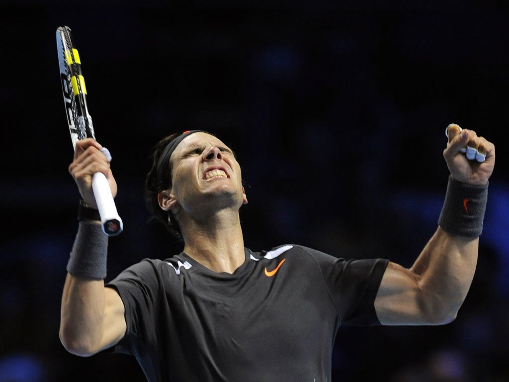 Rafael Nadal shows his delight at finally getting the better of Mardy Fish last night