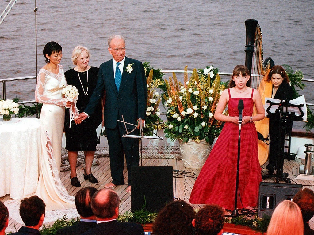 Church singing at Rupert Murdoch’s wedding to Wendi Deng in 1999 – she later told the Leveson Inquiry that she was pressured into waiving a £100,000 fee in return for good press