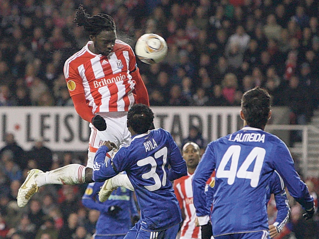 Kenwyne Jones leaps high to score Stoke’s late equaliser last night