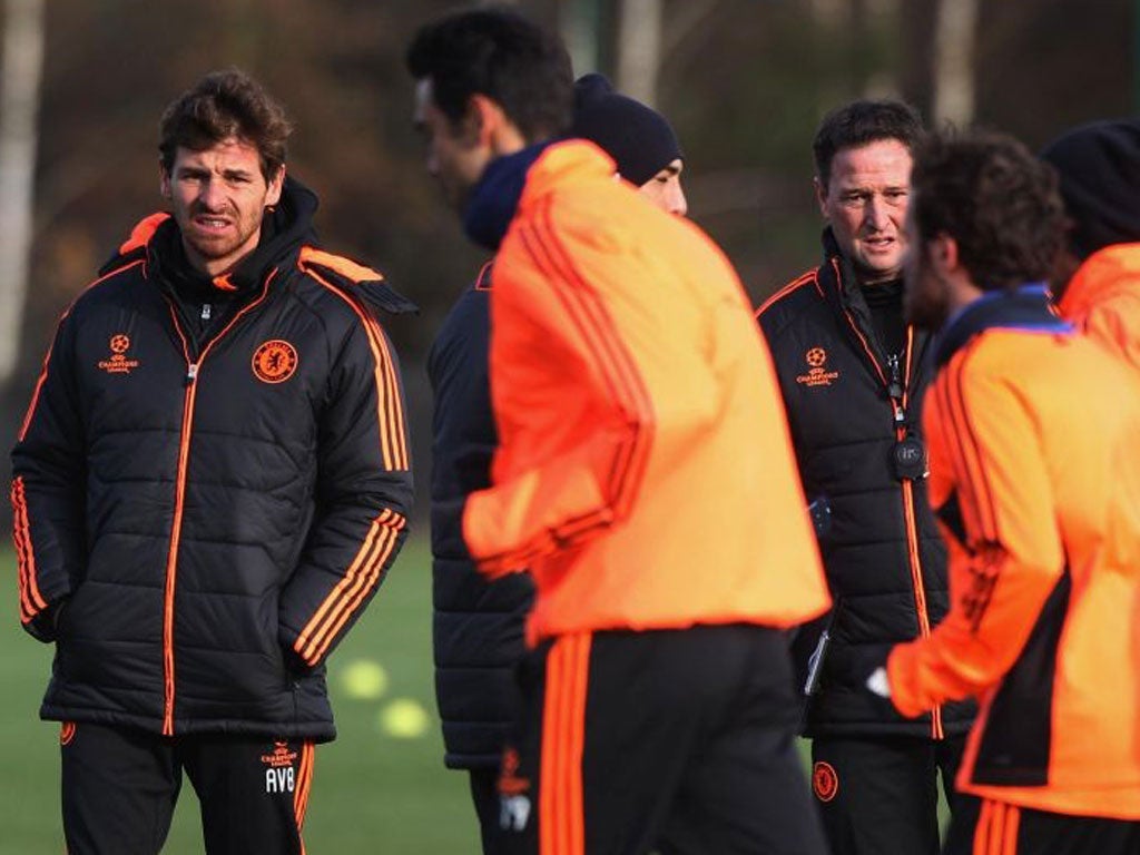 Chelsea manager Andre Villas-Boas watches a training session at
Cobham yesterday