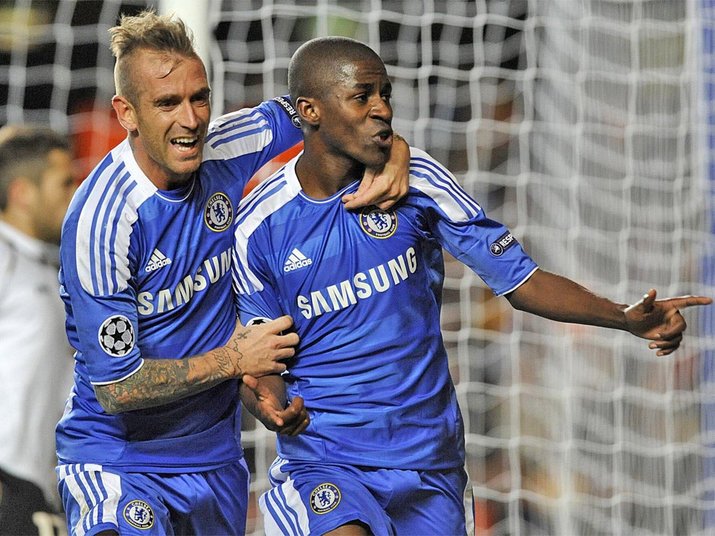 Raul Meireles (left) congratulates Ramires on his goal, Chelsea's second, at the Bridge last night