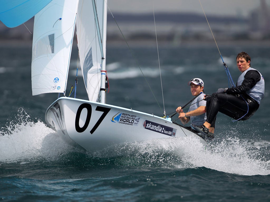 Luke Patience (left) and Stuart Bithell revel in conditions in which they scored three wins and went to the top of the 470 table at the world championships of sailing off Fremantle, W Australia