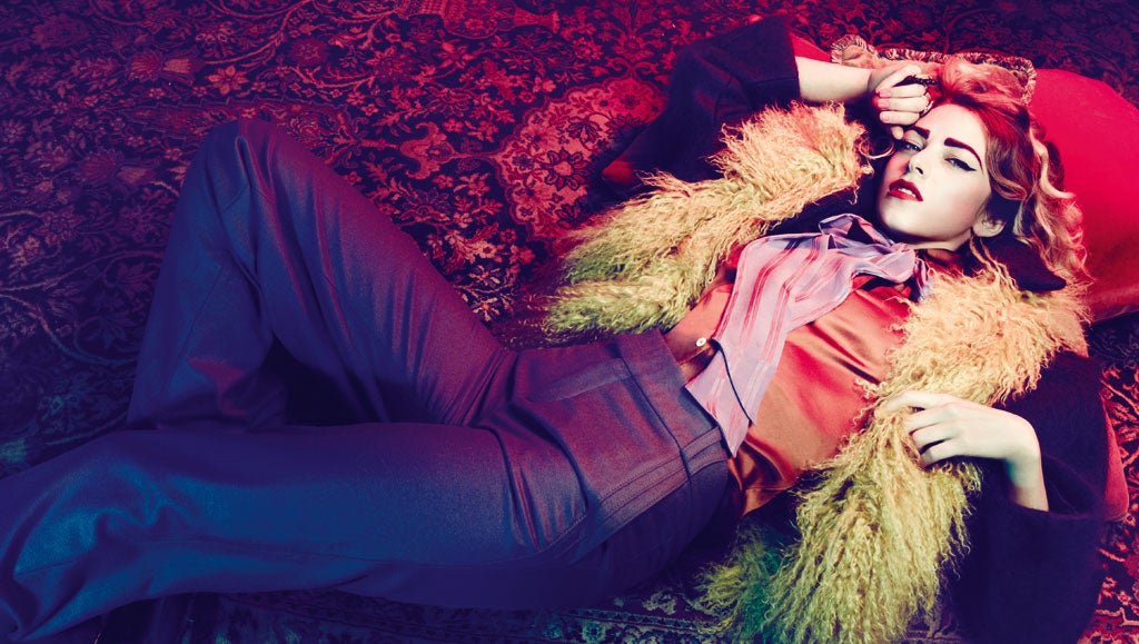 Jacquard long pants, £485, Satin stretch shirt with lipstick scarf, £510, and glam soft mohair boxy caban jacket, £1,020, with acid Mongolian scarf, £1,500, all by Gucci, 18 Sloane Street, London SW1, 020-7235 6707; stone ring, £180, by Erickson Beamon, 38 Elizabeth Street, london SW1, 020-7259 0202