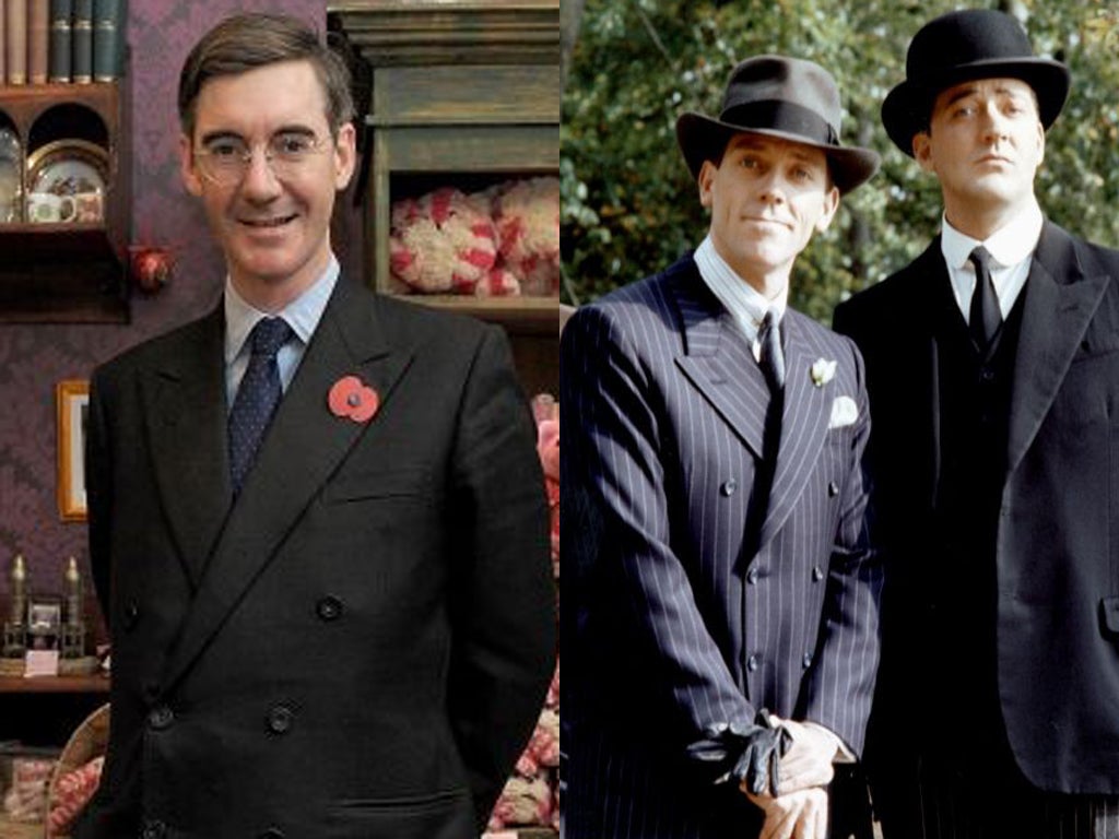 Jacob Rees-Mogg, left, appreciates the attire of Bertie Wooster and Jeeves