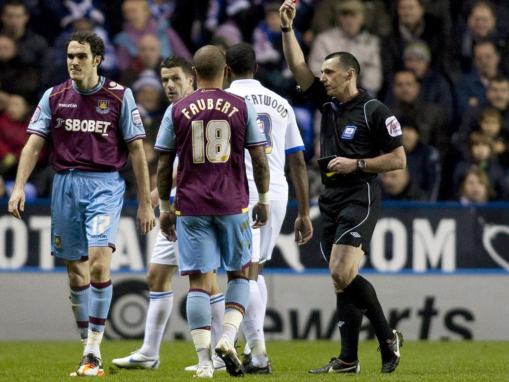 West Ham's full-back Joey O'Brien is sent off at the Madejski