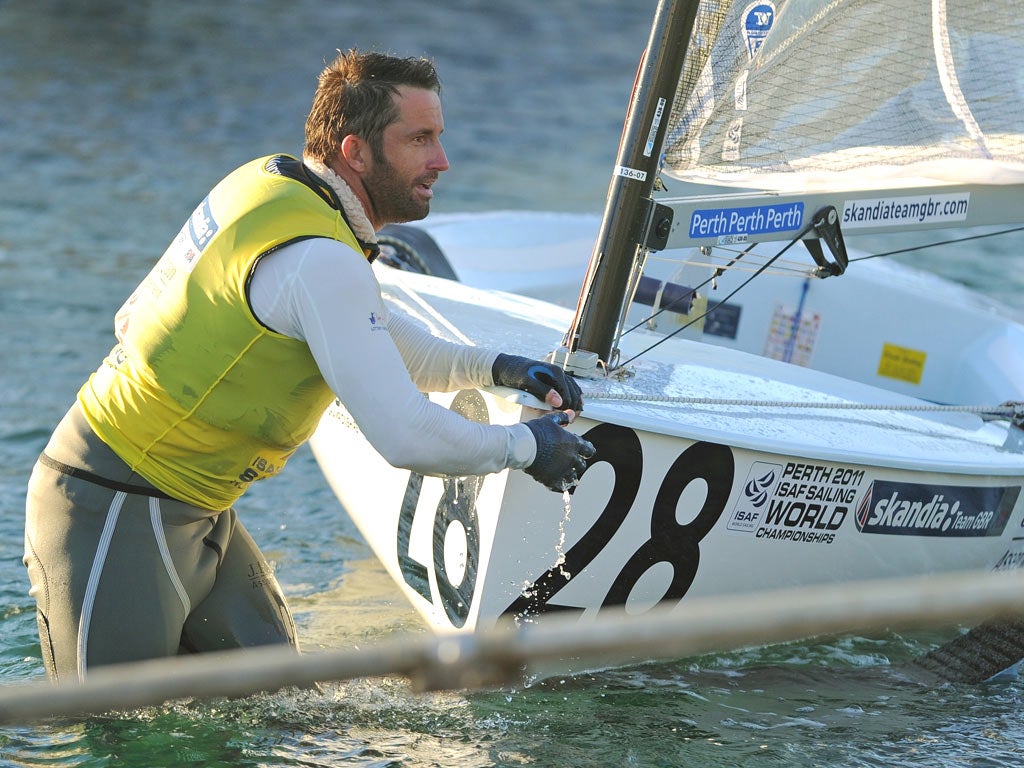 Ben Ainslie arrives back at the Royal Perth Annexe after
the incident during the Finn class gold fleet racing at the ISAF World Sailing event