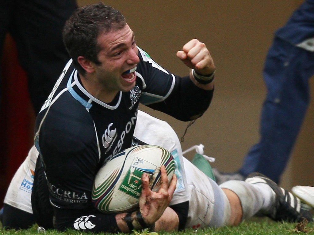 Glasgow’s Federico Aramburu celebrates scoring their only try
in the win over Montpellier