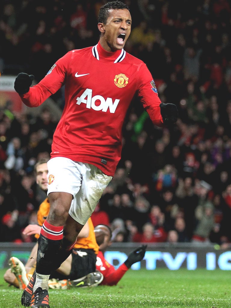 Nani celebrates scoring Manchester United’s third goal against Wolves at Old Trafford